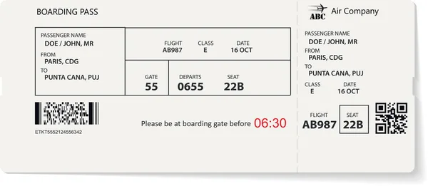 Luchtvaartmaatschappij boarding pass ticket voor reizen met het vliegtuig — Stockvector