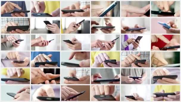 Primer plano de las manos sosteniendo el teléfono inteligente. Collage. — Vídeo de stock