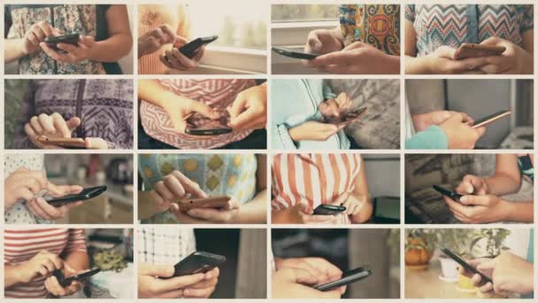 Κοντινό πλάνο της νεαρής γυναίκας χέρια δακτυλογράφηση sms — Αρχείο Βίντεο
