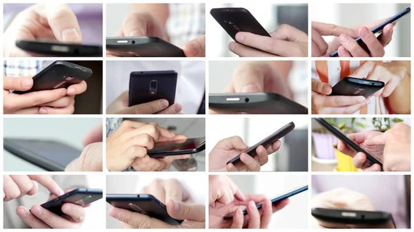 Collage of different people hands texting or typing SMS on smartphones. — Stock Photo, Image