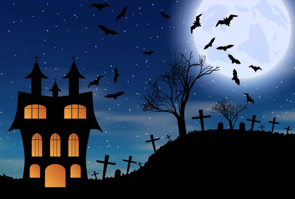 Morcegos de Halloween e castelo escuro no fundo azul da lua . — Vetor de Stock
