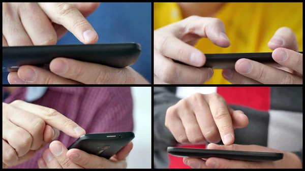 Multiscreen collage of different people hands typing SMS on smartphones. — Stock Photo, Image