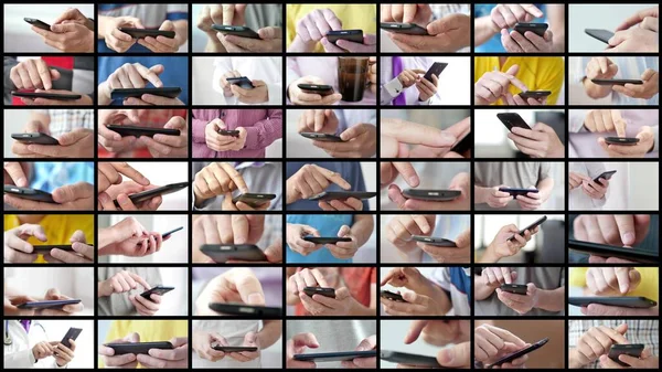 Close-up of hands holding smartphone and typing text on touch screen — Stock Photo, Image