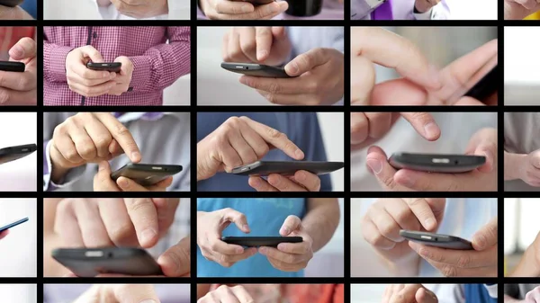 Close-up of hands holding smartphone and typing text on touch screen — Stock Photo, Image