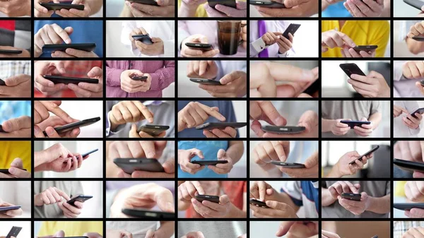 Close-up of hands holding smartphone and typing text on touch screen — Stock Photo, Image