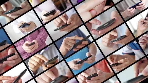 Close-up of hands holding smartphone and typing text on touch screen — Stock Photo, Image