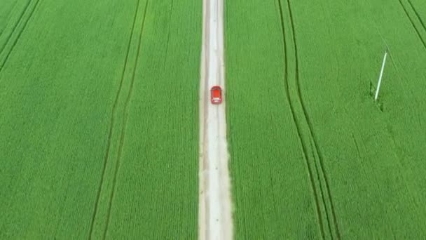 Letecký pohled na červené auto jedoucí po venkovské silnici — Stock video