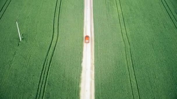 Aerial view of a red car driving on rural road — Stock Video