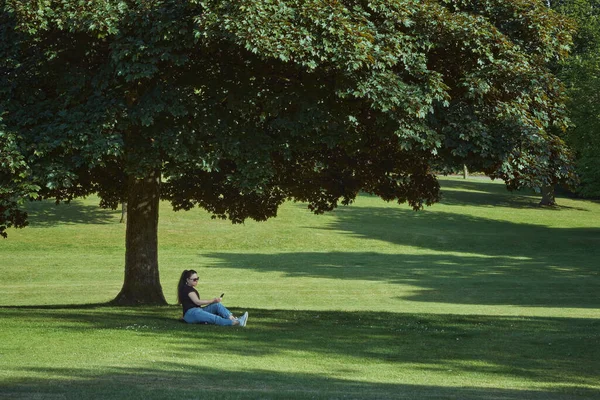Portrait of a woman in a sunglasses sitting on grass in the park near big tree
