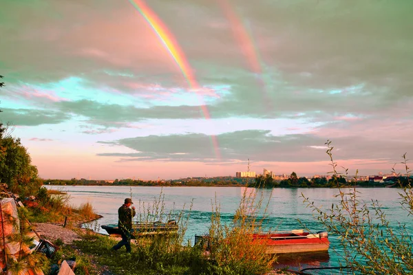 Rainbow on the Siberian Angara river, Russia, Irkutsk, horizontally.