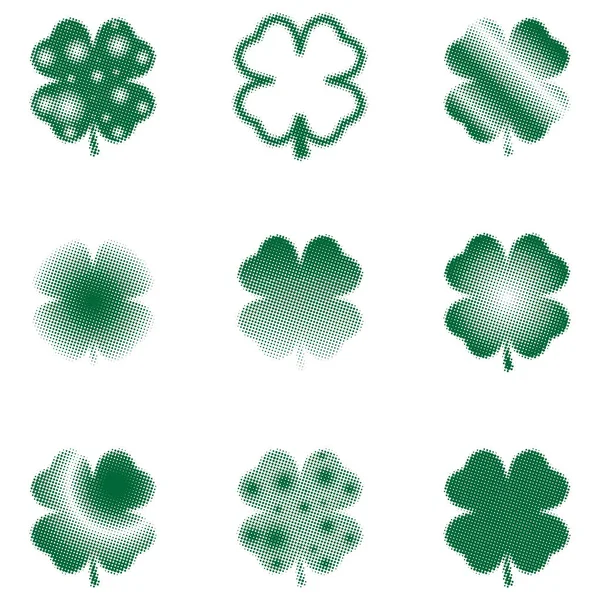 Green Halftone Clovers Set — Stock Vector