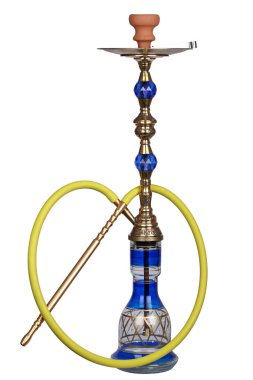 Uzun cam mavi şeffaf altın tütün nargile bronz beden ve sarı hortum ve seramik ile