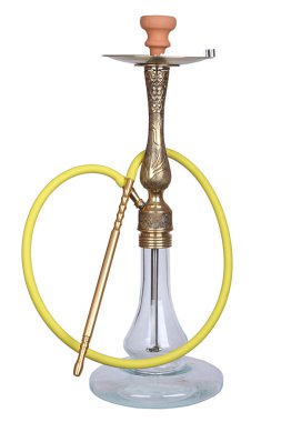 Uzun cam fil nargile bir bronz beden ve sarı hortum ve seramik ile