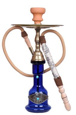 Koyu mavi cam Gaga nargile bronz beden ve beyaz hortum ve seramik ile