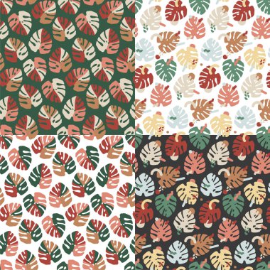 Ayarlayın. Monstera yaprak Dikişsiz desen. Vektör çizim.