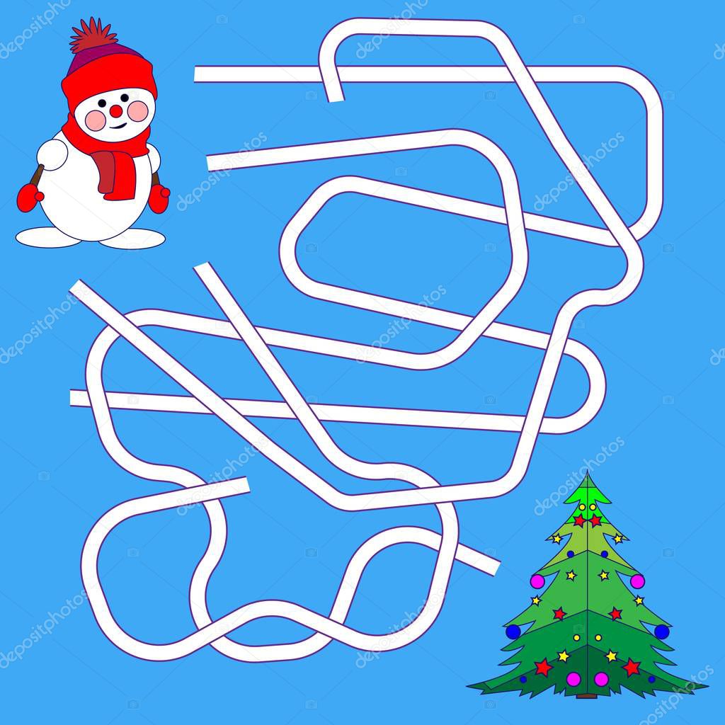 Funny Christmas Maze Game: New Year Vector Illustration. Cartoon Illustration of Paths or Maze Puzzle Activity Game. Kids learning games collection.