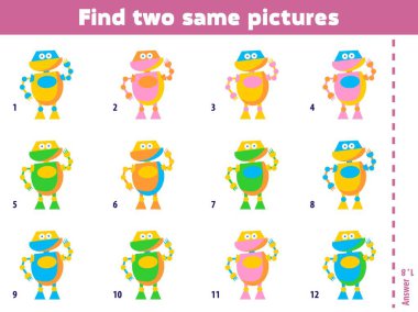 İki aynı resimleri bulun. Çocuklar için eğitim eşleme oyunu. Çizgi film vektör çizim.