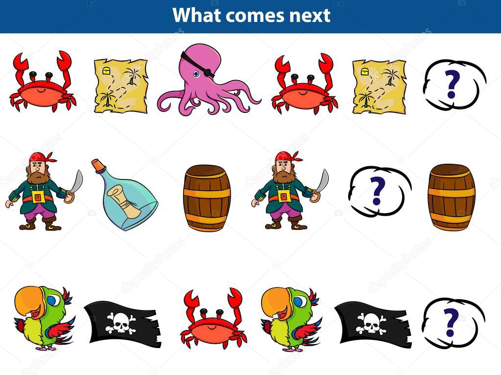 What comes next Educational game for children. Set of cartoon pirate characters. Vector illustration.