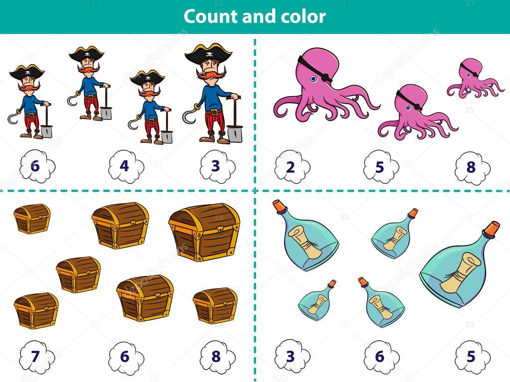 Educational game for preschool children. Count and color the circle with correct answer. Set of cartoon pirate characters. Vector illustration.