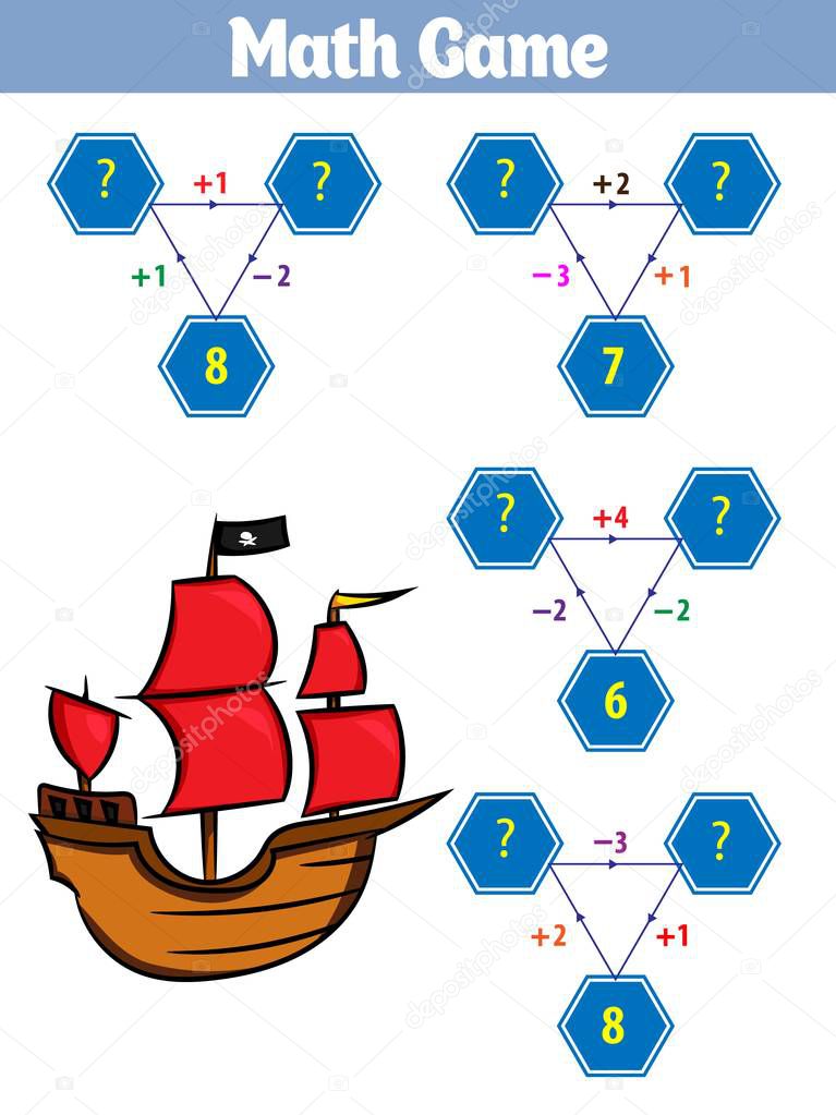 Mathematics educational game for children. Set of cartoon pirate characters. Vector illustration.