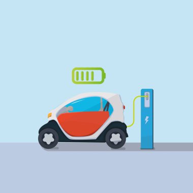 Kırmızı bir elektrikli araba şarj şarj istasyonu düz vektör Illustration. Vektör elektrikli otomobil Infographic simgeleri ile.