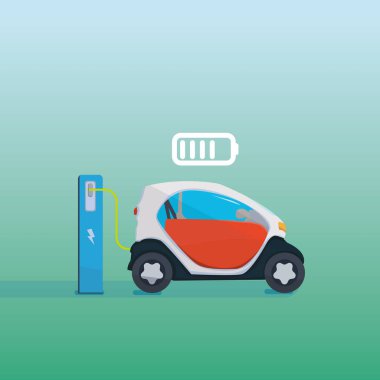 Kırmızı bir elektrikli araba şarj şarj istasyonu düz vektör Illustration. Vektör elektrikli otomobil Infographic simgeleri ile.