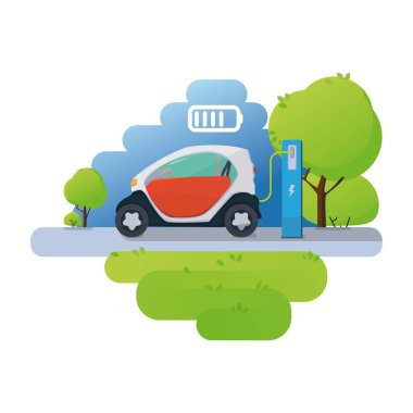 Kırmızı bir elektrikli araba şarj şarj istasyonu düz vektör Illustration. Vektör elektrikli otomobil Infographic simgeleri ile.