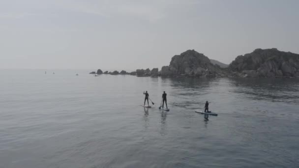 ロシア東部のナホドカ近くの湾に浮かぶサップサーファーのグループ 澄んだ青い水 美しい崖 小さな緑の島は スポーツやリラクゼーションのための素晴らしい場所です 航空写真 — ストック動画