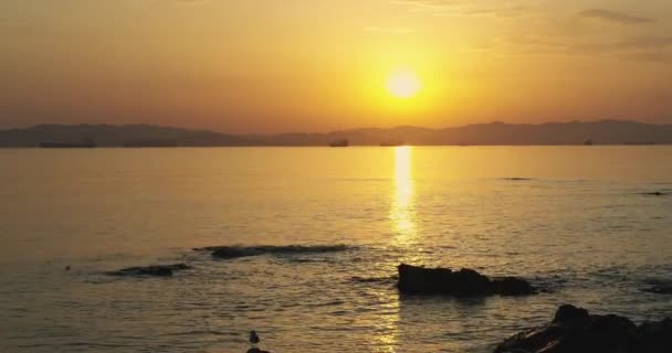 ロシア ナホドカ近くの海湾の壮大な夕日 海岸の近く 大きな石や小さな島 鳥は石から石へ飛ぶ — ストック動画