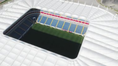 Rostov-on-Don, Rusya - 27 Nisan 2018: Rostov-Arena futbol stadyumu - çatıda, tribünlerde ve sahada üstten görünüm