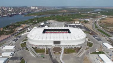 Rostov-on-Don, Rusya - 27 Nisan 2018: Yeni futbol stadyumu Rostov-Arena'nın helikoptergörüntüsü
