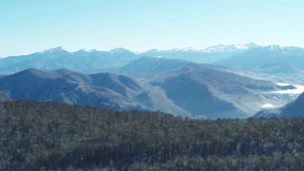 Paysage montagneux par une journée d'hiver, vue sur une forêt enneigée depuis une altitude, Adygea, Russie — Video