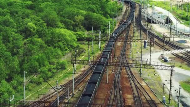 Spoorweg: een met kolen beladen trein gaat op rails — Stockvideo