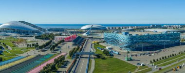 Sochi, Rusya - Ekim 2019 Olimpiyat Parkı - yükseklikten panoramik manzara