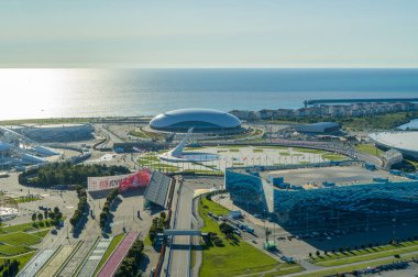 Sochi, Rusya - Ekim 2019 Olimpiyat Parkı - yükseklikten panoramik manzara