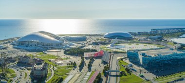 Sochi, Rusya - Ekim 2019 Olimpiyat Parkı - yükseklikten panoramik manzara