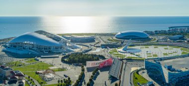 Sochi, Rusya - Ekim 2019 Olimpiyat Parkı - yükseklikten panoramik manzara