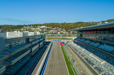 Sochi, Russia - October 2019: Main Tribune and launch zone of Sochi Autodrom, aerial photography clipart