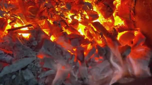 Dřevo v krbu, krásný plamen, zblízka a zpomaleně — Stock video