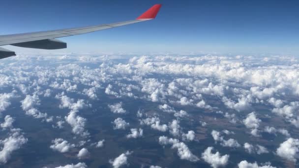 Красивый вид с самолета иллюминатор, белые облака, земля сверху — стоковое видео