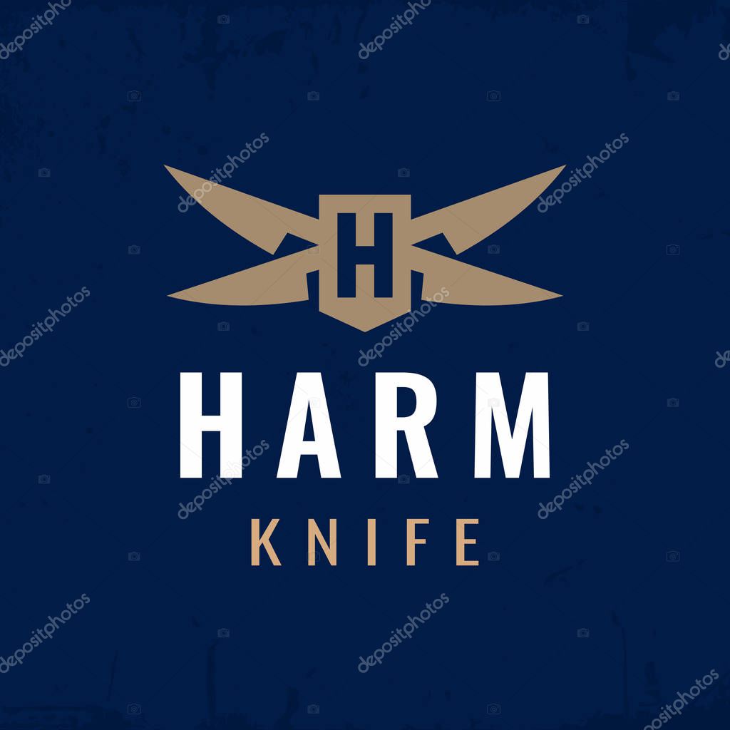 Modern professional logo H harm knife in blue and gold theme.
