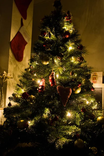 Duvardaki çorap ile küçük bir rahat oda güzel bir Noel ağacı alev aldı..