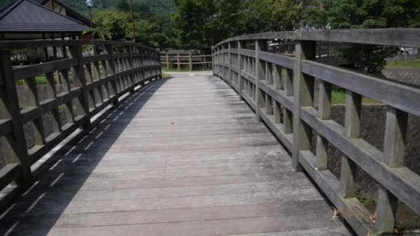 Un puente de madera y paisajes de montaña en el campo japonés — Vídeos de Stock