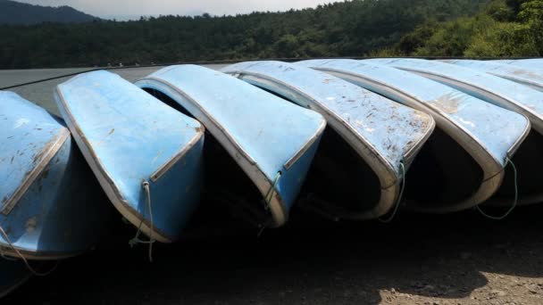 Antiguos barcos alineados junto al lago Saiko en Japón. — Vídeos de Stock