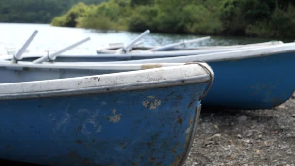 Antiguos barcos alineados junto al lago Saiko en Japón. — Vídeos de Stock