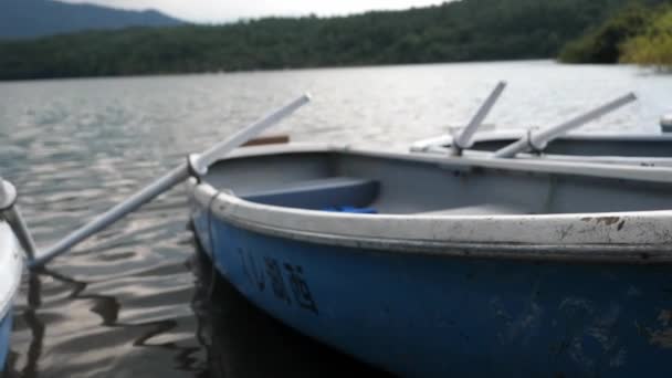 Gamla båtar ställde upp bredvid sjön Saiko i Japan. — Stockvideo
