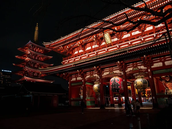 Tokio, Japan - 24.2.20: Sensoji in de avond, met zeer weinig bezoekers aanwezig — Stockfoto