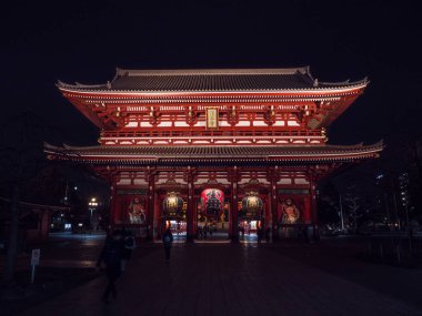 Tokyo, Japonya - 24.2.20: Akşamları Sensoji, çok az ziyaretçiyle