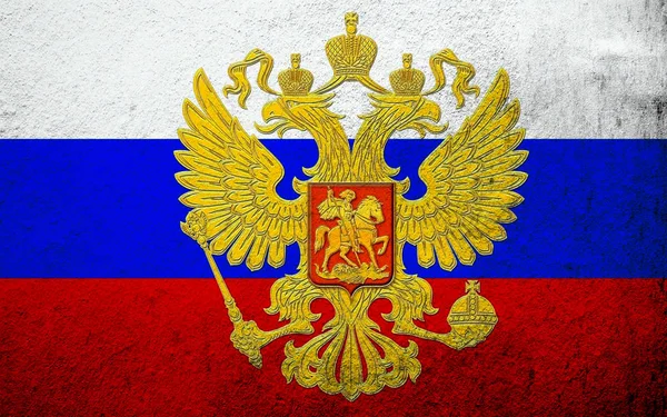 Національний Прапор Російської Федерації Гербом Гранж Фону — стокове фото