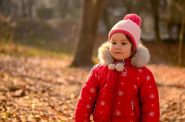 Маленькая Девочка Красном Стоит Фоне Осеннего Леса — стоковое фото